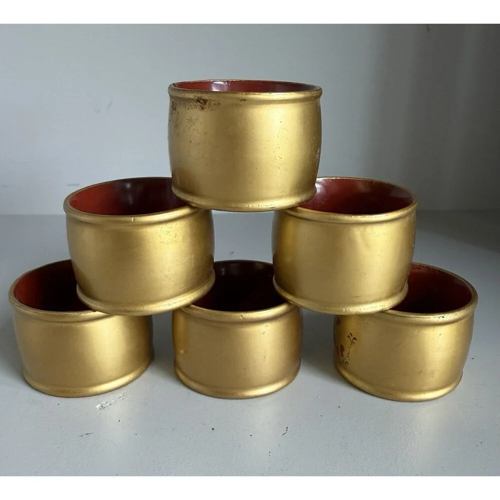 6 Vintage Made in Occupied Japan Golden Lacquered Hand Painted Napkin Holders